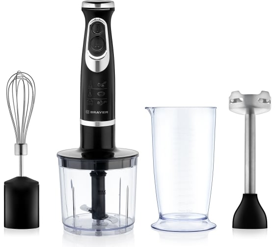 Изображение товара Погружной блендер BRAYER 800 Вт, лезвия из нержавеющей стали, 2 скорости, плавная регулировка, венчик, измельчитель 350 мл, стакан 700 мл BR1240