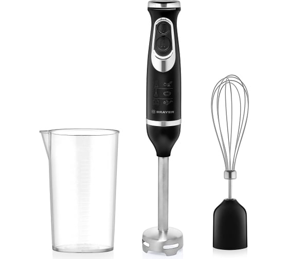 Изображение товара Погружной блендер BRAYER 800 Вт, лезвия из нержавеющей стали, 2 скорости, плавная регулировка, венчик, стакан 700 мл, черный BR1241