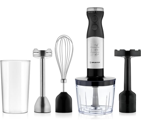 Изображение товара Погружной блендер BRAYER 800 Вт, нержавеющая сталь, пюре, 2 скорости, плавная регулировка, венчик, стакан 700 мл BR1244