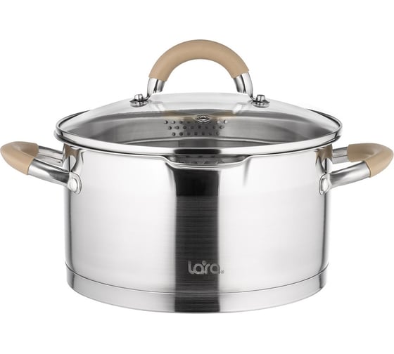 Изображение товара Кастрюля Lara серия Берлин нержавеющая сталь, 2.4 л, 18x10 см, капсульное дно, шкала, силиконовая накладка, крышка-дуршлаг LR02-341