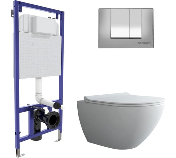 Изображение товара Комплект для монтажа подвесного унитаза Berges инсталляция NOVUM, кнопка S3 хром глянец, унитаз PUMA XL Rimless, сиденье дюропласт Toma Slim SO 043247