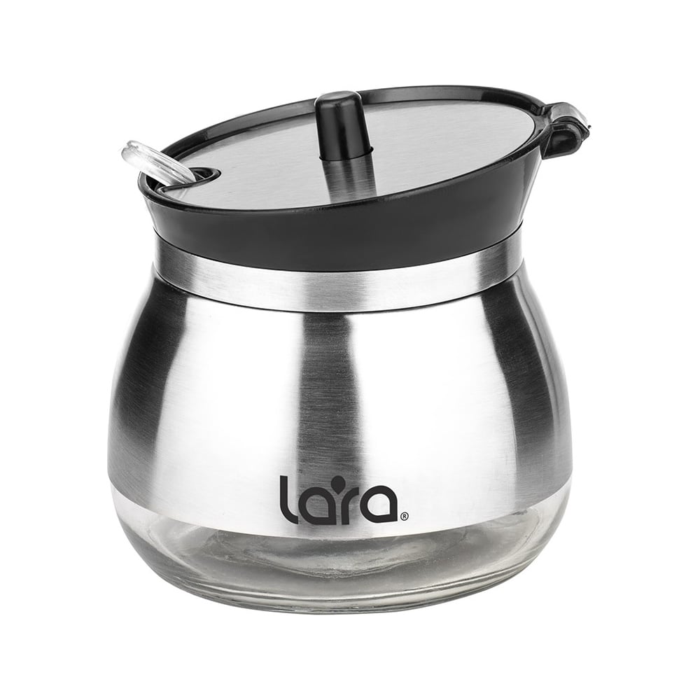 Изображение товара Сахарница с дозатором Lara черная 300 мл стекло сталь с ложечкой