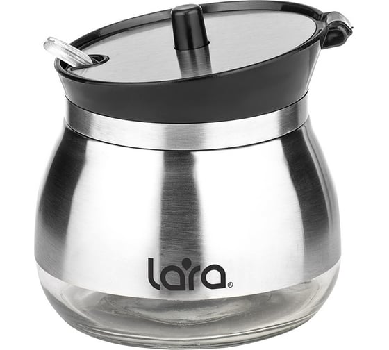 Изображение товара Сахарница с дозатором Lara черная, 300 мл, ложечка в подарок, стекло, сталь LR08-34 Black