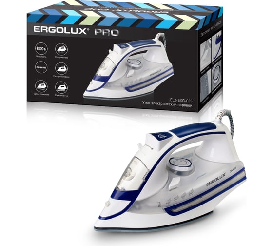 Изображение товара Электрический утюг ERGOLUX ELX-SI03-C35 белый/синий, паровой, керамика, 2600 Вт, 220-240 В 13128