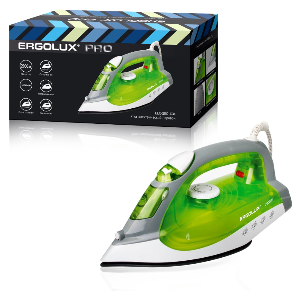 Электрический утюг ERGOLUX ELX-SI02-C34 салатовый, паровой, тефлон, 2000 Вт, 220-240 В 13127