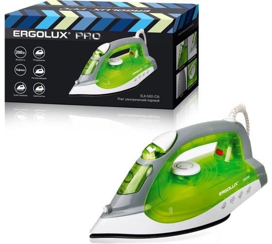 Изображение товара Электрический утюг ERGOLUX ELX-SI02-C34 салатовый, паровой, тефлон, 2000 Вт, 220-240 В 13127
