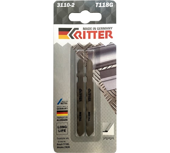 Изображение товара Пилки для лобзиков по стали Eco Т118G M42+D6A, 75х50 мм, шаг 0.8 мм/32TPi, 2 шт RITTER PS17131182