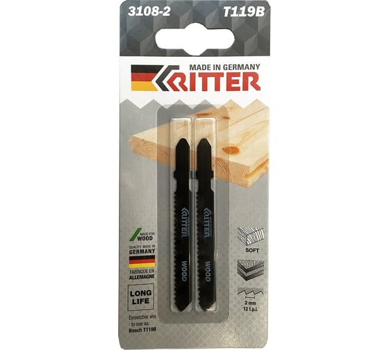 Изображение товара Пилки для лобзиков по дереву Eco Т119B CrV, 75х50 мм, шаг 2 мм, 12TPi, 2 шт RITTER PS17111192