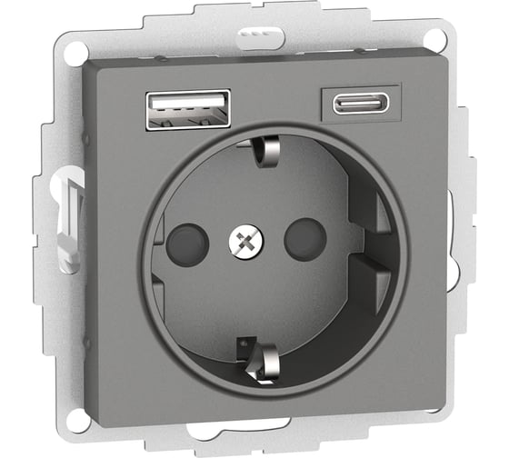 Изображение товара Розетка Systeme Electric Atlasdesign 16а c 2 usb a+c, 5в/2,4а/3,0а, 2x5в/1,5а, механизм, сталь ATN000932