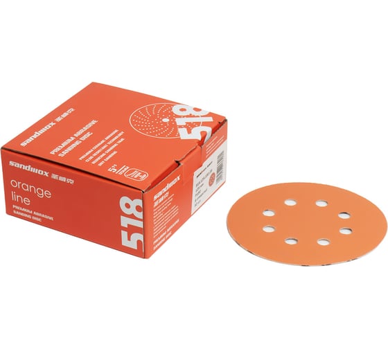 Изображение товара Диск шлифовальный на бумажной основе 518 Orange Ceramic Р120, 125 мм, 8 отверстий, 50 шт SANDWOX 518.125.120.08