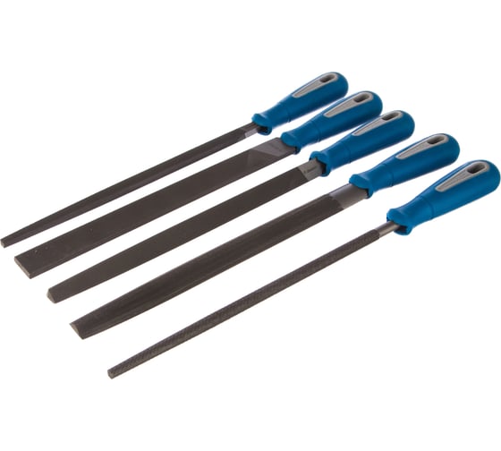 Изображение товара Набор напильников с двухкомпонентной ручкой: плоский, полукруглый, трехгранный, квадратный, круглый, №2, 250мм ЗУБР ЭКСПЕРТ 16651-25-H5