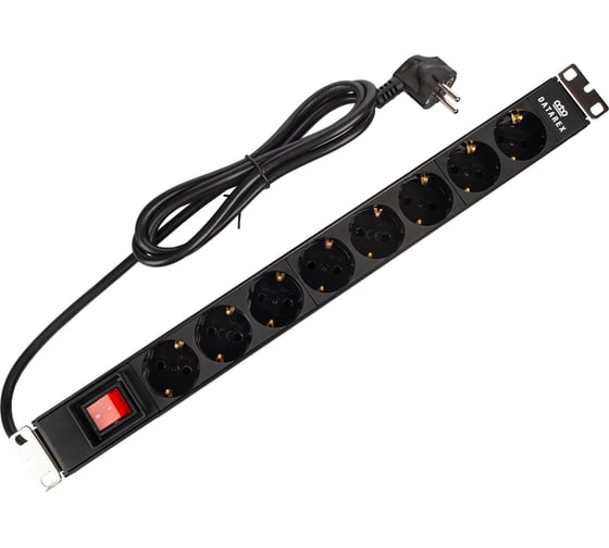 Изображение товара Распределительный блок DATAREX 19 дюймов, pdu, с выключателем, на 16а, 8 разъемов shuko, шнур питания 1,8 м, черный DR-432121