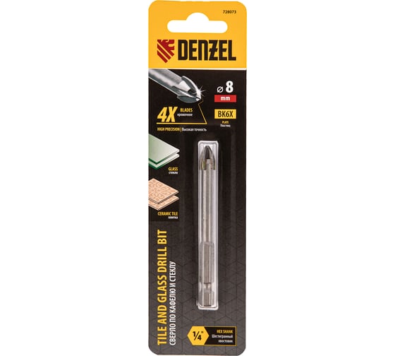 Изображение товара Сверло по керамической плитке 8 мм, крестовая пластина, 6-гр. хвостовик Denzel 728073