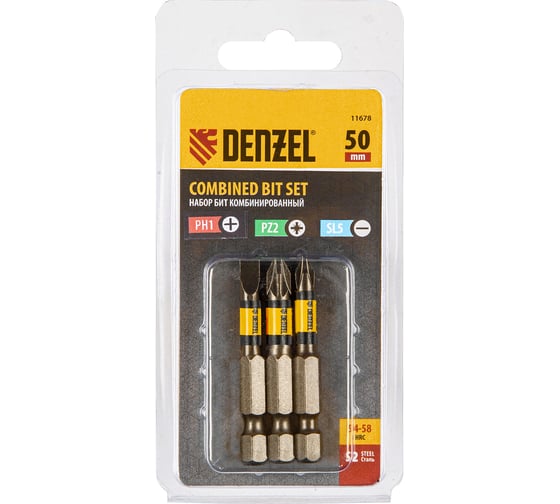 Изображение товара Набор бит комбинированный 3 шт, PH1, PZ2, SL5, 50 мм, сталь S2 11678