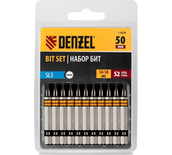 Изображение товара Набор бит SL5, 50 мм, сталь S2, шестигранный профиль, 10 шт Denzel 11659