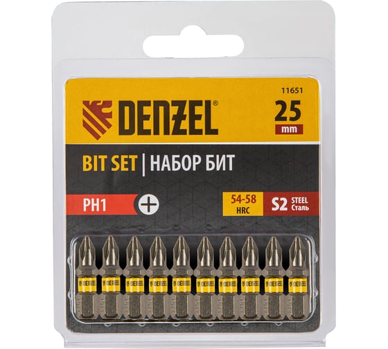 Изображение товара Набор бит PH1, 25 мм, сталь S2, шестигранный профиль, 10 шт Denzel 11651