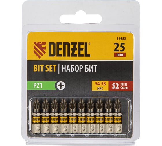 Изображение товара Набор бит PZ1, 25 мм, сталь S2, шестигранный профиль, 10 шт Denzel 11653