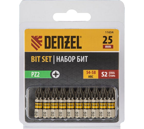 Изображение товара Набор бит PZ2, 25 мм, сталь S2, шестигранный профиль, 10 шт Denzel 11654