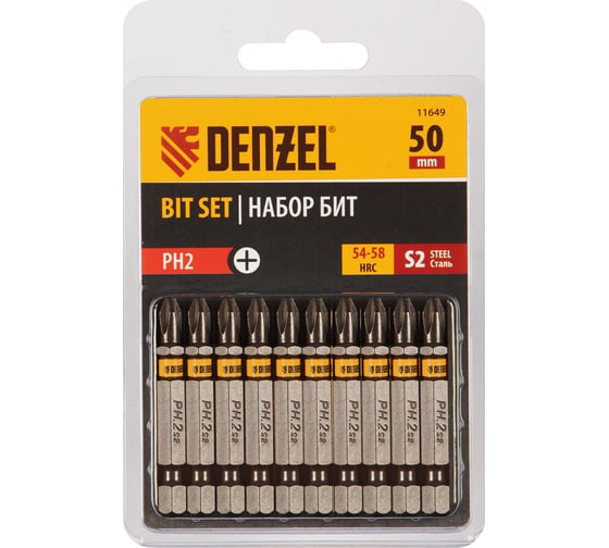 Изображение товара Набор бит PH2, 50 мм, сталь S2, шестигранный профиль, 10 шт Denzel 11649