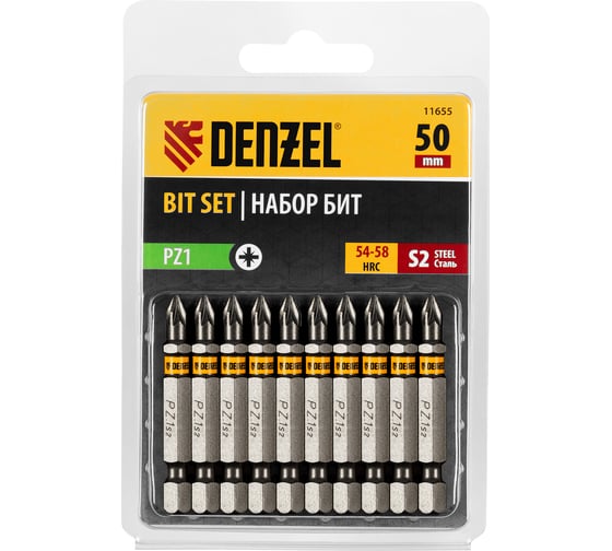 Изображение товара Набор бит PZ1, 50 мм, сталь S2, шестигранный профиль, 10 шт Denzel 11655