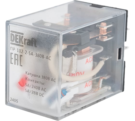 Изображение товара Промежуточное реле DEKraft 2-контактное, с led инд. 5а 380в ac пр-102 23866DEK