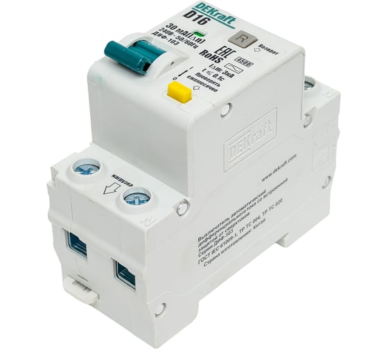 Изображение товара Дифференциальный автомат DEKraft авдт 1р+n, 16а, 30ма, тип ac, характеристика d, диф-103, 4.5ка 16061DEK