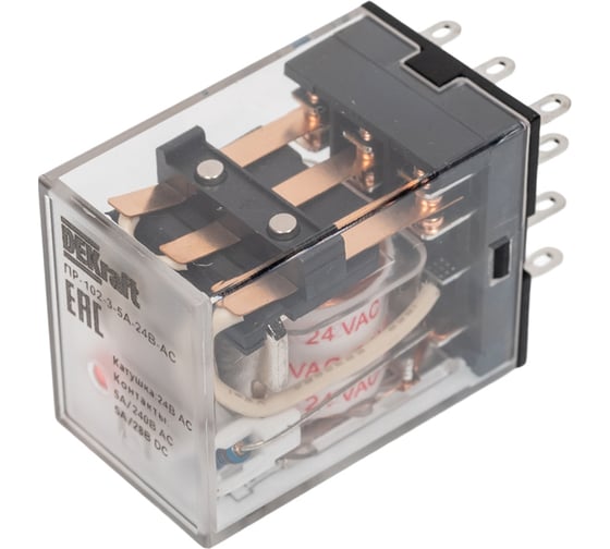 Изображение товара Промежуточное реле DEKraft 3-контактное, с led инд. 5а 24в ac пр-102 23878DEK