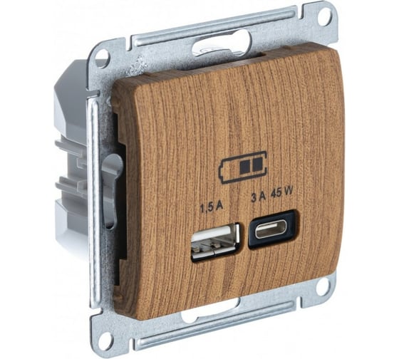 Изображение товара Розетка Systeme Electric Glossa usb a + тип-c 45w высокоскор.заряд. qc, pd, механизм, дерево дуб GSL000529