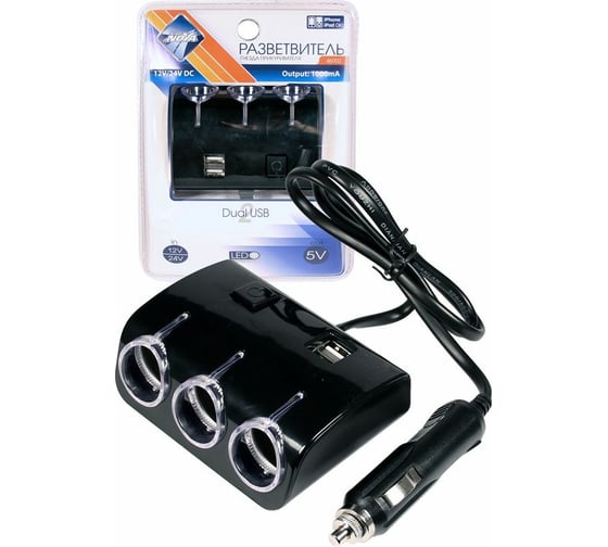 Изображение товара Разветвитель электропитания от прикуривателя Nova Bright 3 гнезда + 2 USB-порта, 1000мА, 12/24В 46902