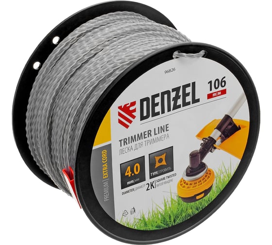Изображение товара Леска двухкомпонентная EXTRA CORD (4 мм, 106 м, витой квадрат, на DIN катушке) для триммера Denzel 96826