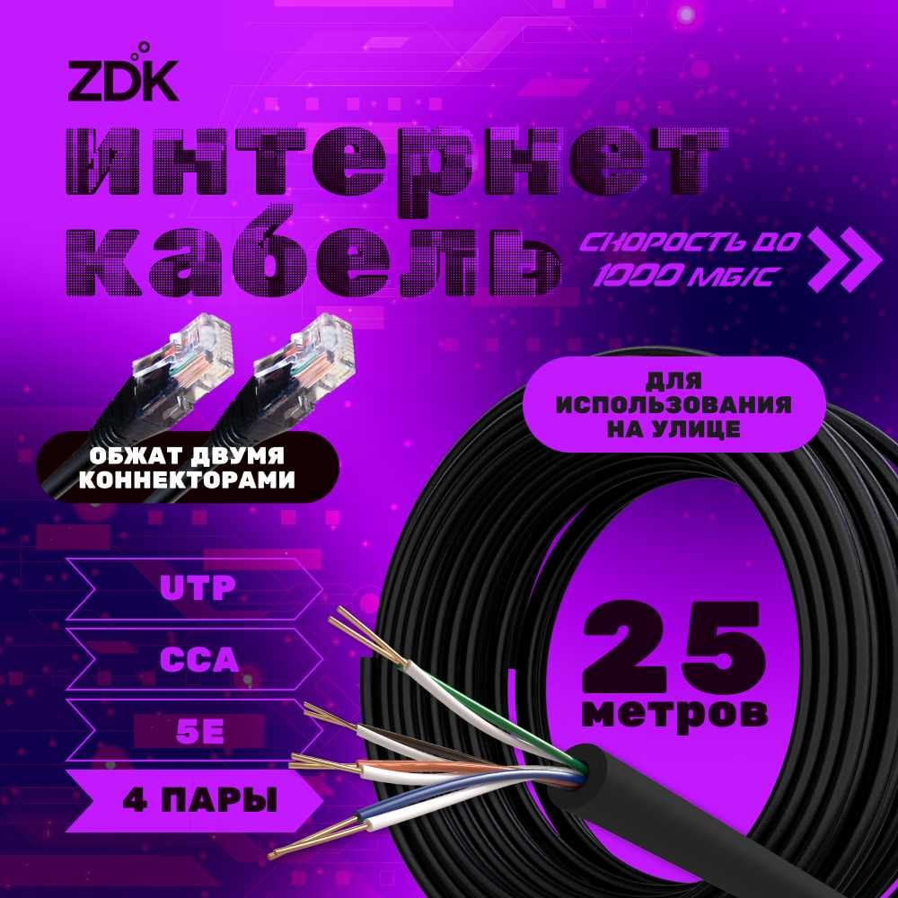 Изображение товара Интернет кабель ZDK Outdoor CCA 25 метров для сети, патч-корд RJ-45, уличный