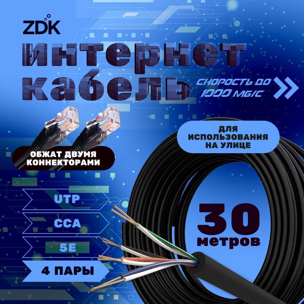 Изображение товара Интернет кабель ZDK Outdoor CCA 30 метров для надежных сетей