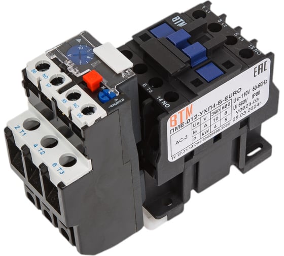 Изображение товара Пускатель ВТМ (S) ПМЕ-012-10А-110АС-(1з)-РТЛ1014-2(7,0-10,0А)-УХЛ4-Б-EURO ВТМ00073721
