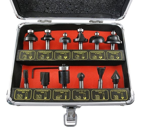 Изображение товара Набор фрез по дереву 12 предметов хвостовик 8 мм металлический кейс (A) TORGWIN T278674