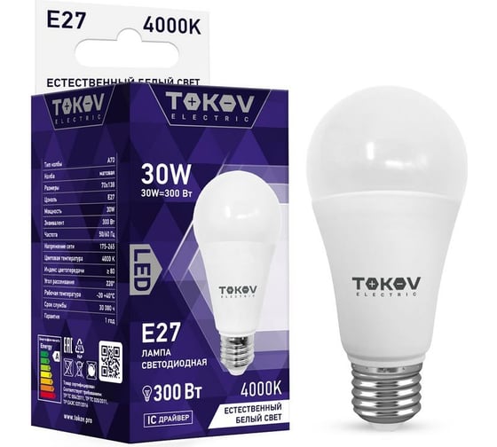 Изображение товара Светодиодная лампа TOKOV ELECTRIC 30Вт А70 4000К Е27 176-264В TKE-A70-E27-30-4K