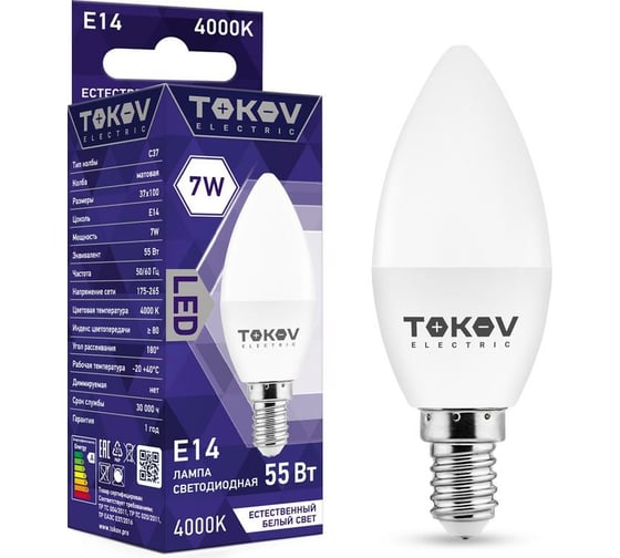 Изображение товара Светодиодная лампа TOKOV ELECTRIC 7Вт С37 4000К Е14 176-264В TKE-C37-E14-7-4K