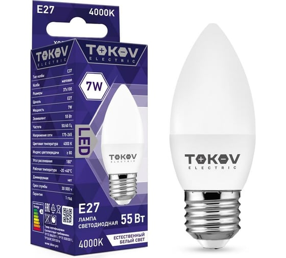 Изображение товара Светодиодная лампа TOKOV ELECTRIC 7Вт С37 4000К Е27 176-264В TKE-C37-E27-7-4K