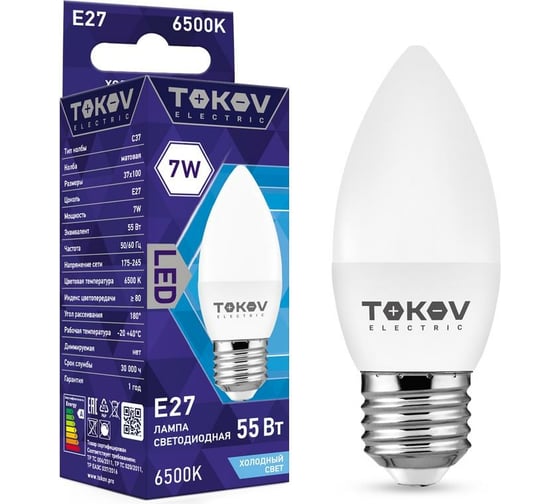 Изображение товара Светодиодная лампа TOKOV ELECTRIC 7Вт С37 6500К Е27 176-264В TKE-C37-E27-7-6,5K