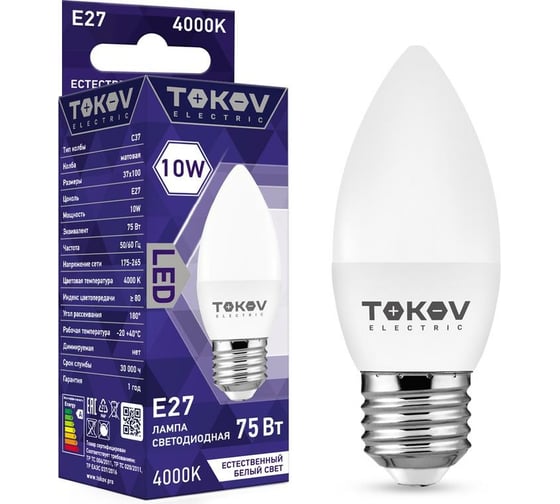 Изображение товара Светодиодная лампа TOKOV ELECTRIC 10Вт С37 4000К Е27 176-264В TKE-C37-E27-10-4K