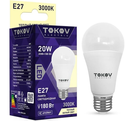Изображение товара Светодиодная лампа TOKOV ELECTRIC 20Вт А60 3000К Е27 176-264В TKE-A60-E27-20-3K