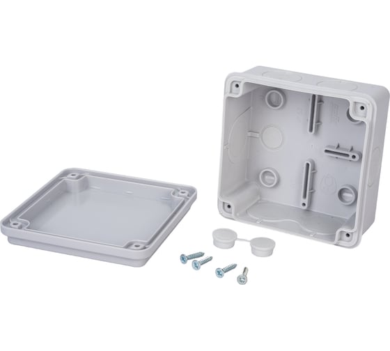 Изображение товара Распределительная двухкомпонентная коробка Рувинил открытой проводки 100x100x50мм, 7 вводов, IP65, серый 67250