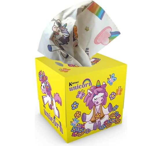 Изображение товара Бумажные салфетки-выдергушки WORLD CART Единорог ХИППИ с рисунком 3-х слойные, 56 шт HPP-02/желтый