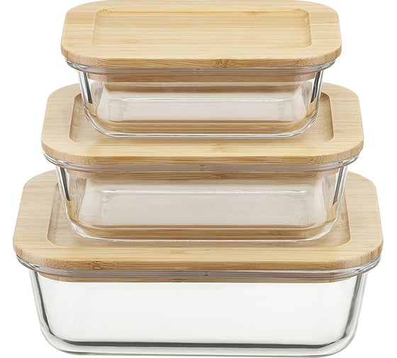 Изображение товара Набор стеклянных прямоугольных контейнеров Smart Solutions с бамбуковыми крышками, 3 шт SFE-SS-CN-GLS-BM-RC1.05