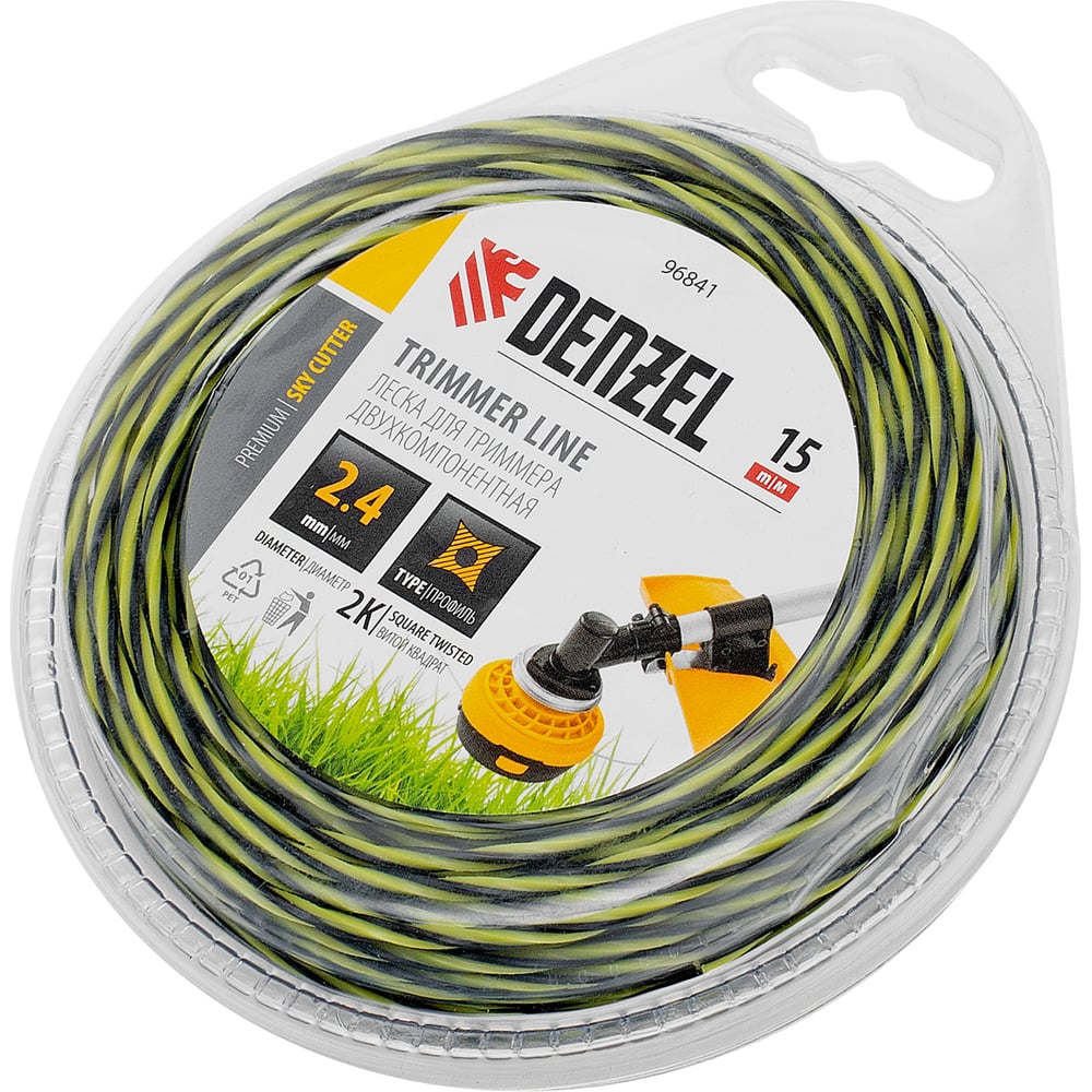 Изображение товара Леска двухкомпонентная для триммера SkyCutter 2.4 мм 15 м витая квадратная Denzel 96841
