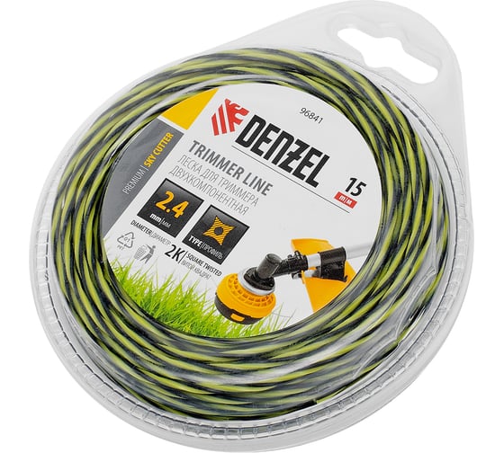 Изображение товара Леска двухкомпонентная для триммера SkyCutter 2.4 мм, 15 м, блистер, витая квадратная Denzel 96841