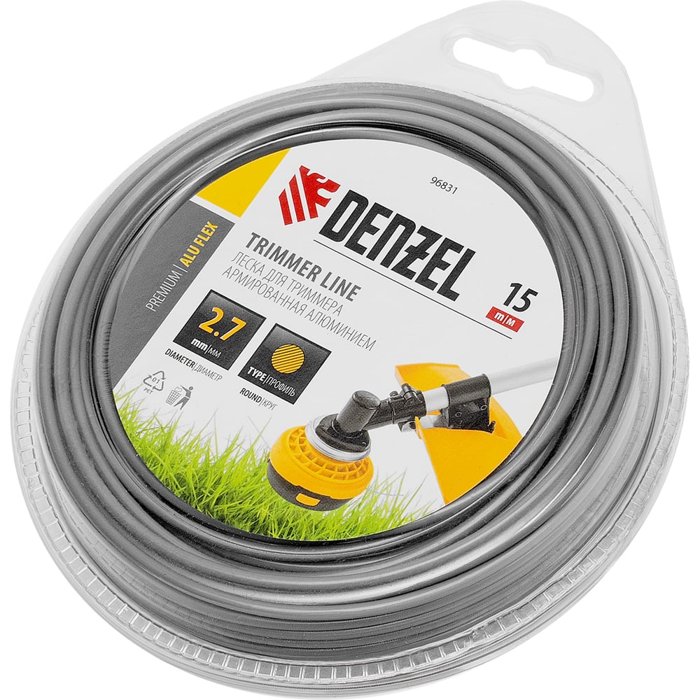 Изображение товара Леска армированная алюминием для триммера ALUFLEX 2.7 мм, 15 м, блистер, круглая Denzel 96831