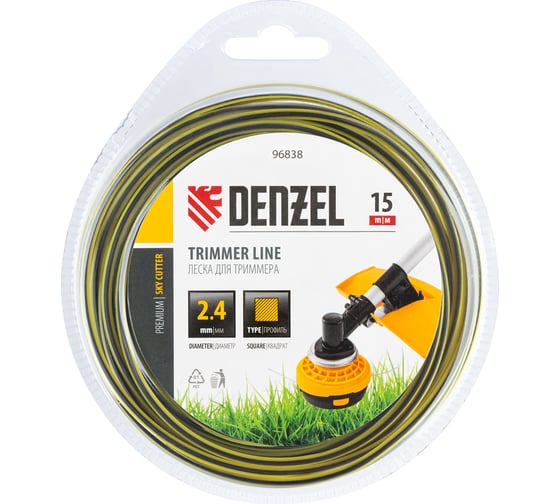 Изображение товара Леска двухкомпонентная для триммера SkyCutter 2.4 мм, 15 м, блистер, квадратная Denzel 96838