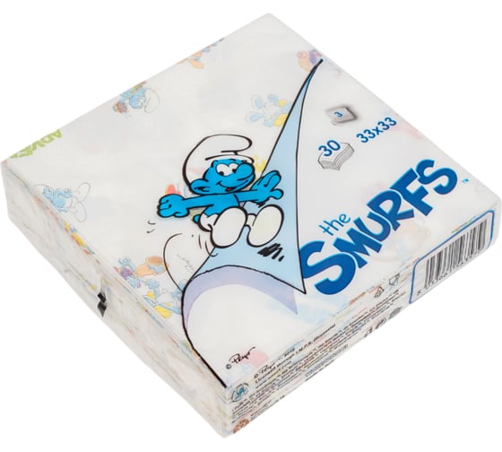 Изображение товара Бумажные салфетки WORLD CART Смурфики 3-х слойные, 30 листов, 32x32 см, 160 г KGSMF-NS-01