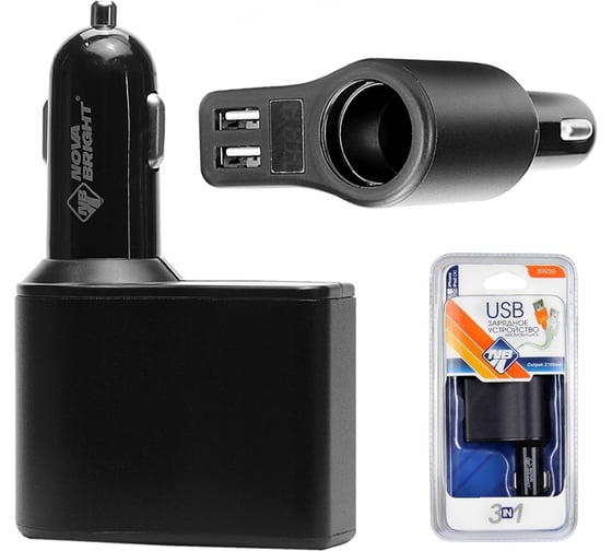 Изображение товара Зарядное устройство Nova Bright для мобильных устройств + разветвитель, электропитание 1 гнездо + USB-порт, 2100мА, цифровой вольтметр, LED подсветка, 12/24В 39939