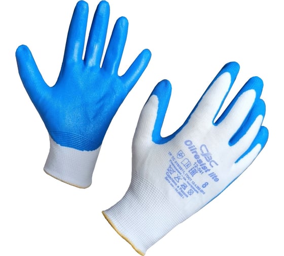 Изображение товара Полиэфирная перчатка с нитрильным покрытием OILRESIST р.8 ЛАЙТ, цвет бело-синий, 13 класс, 1 пара СВС 12-541